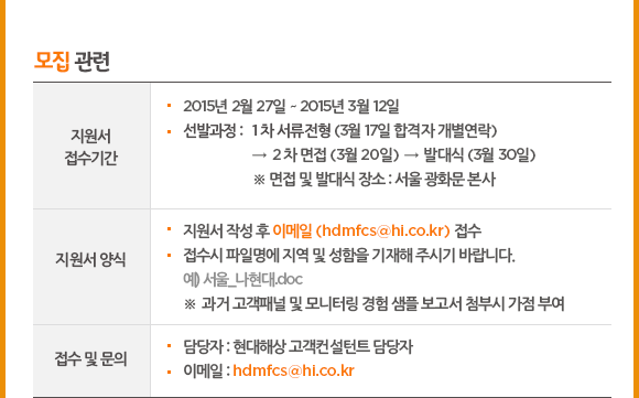 모집관련. 지원서 접수기간은 2015년 2월 27일 부터 2015년 3월 12일 까지, 선발과정은 1차 서류전형(3월 17일 합격자 개별연락), 2차 면접(3월 20일), 발대식(3월 30일), 면접 및 발대식 장소는 서울 광화문 본사, 지원서약식은 지원서 작성 후 이메일(hdmfcs@hi.co.kr) 접수, 접수시 파일명에 지역 및 성함을 기재해 주시기 바랍니다. 예) 서울_나현대.doc, 과거 고객패널 및 모니터링 경험 샘플 보고서 첨부시 가점 부여, 접수 및 문의는 현대해상 고객컨설턴트 담당자,이메일 : hdmfcs@hi.co.kr